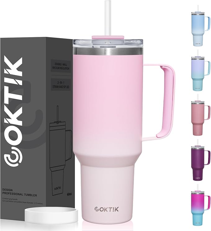 COKTIK 40 oz Tumbler With Handle and Straw, Insulated Tumbler With Leakproof Lids, Stainless Steel|BPA-Free, Cold for 24 H (Sakura) by coktik