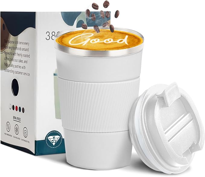 YINBAOGE Insulated Travel Coffee Mug, Spill & Leak Proof, Portable To Go Camping Stainless Steel Coffee Tumbler, Reusable Thermal Coffee Cup with Lid for Hot & Cold Drinks (White, 12 OZ) by YINBAOGE
