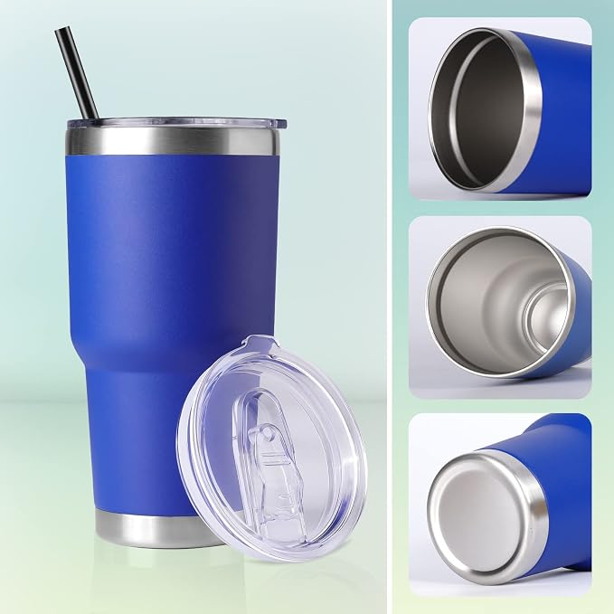 DOMICARE 30 oz Tumbler with Lid and Straw, Stainless Steel Tumblers Bulk, Insulated Vacuum Double Wall Travel Coffee Mug, Durable Powder Coated Tumbler Cups (Dark Blue, 4) - Image 5