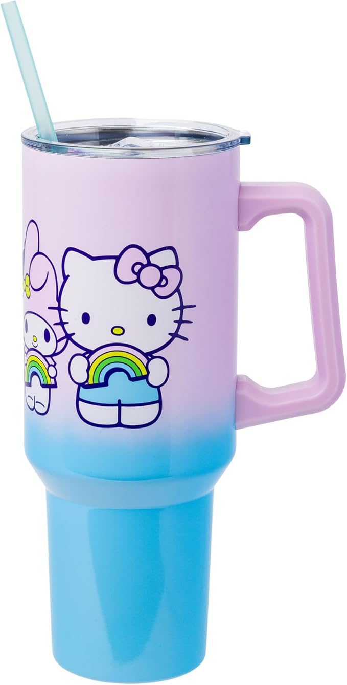 Silver Buffalo Sanrio Hello Kitty and Friends Featuring My Melody, Kuromi, Pompompurin Rainbow Ombre Double Walled Stainless Steel Tumbler with Handle and Straw, Fits in Standard Cup Holder, 40 Ounces by SilverBuffalo