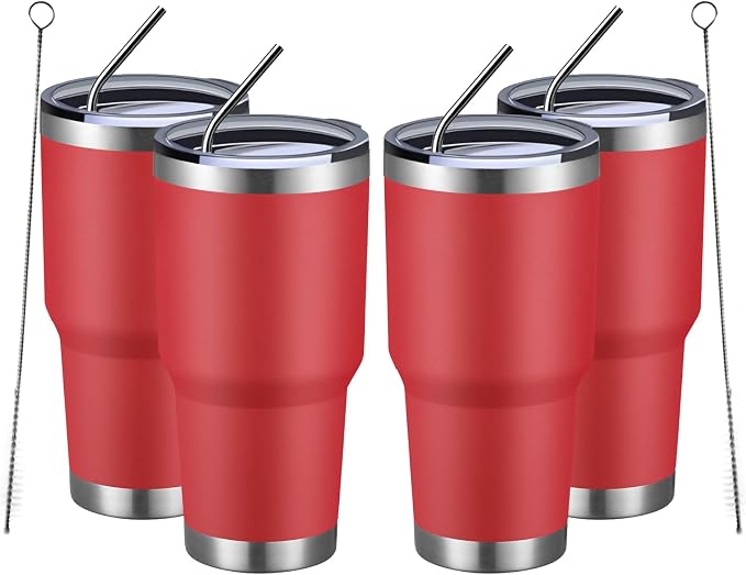 MEWAY 30oz Insulated Tumbler With Lids and Straws,Stainless Steel Double Vacuum Coffee Tumbler Cup, Brush, Durable Powder Coated Coffee Cup for Cold & Hot Drinks, Office, Travel(Coral red,4 PACK) by MEWAY