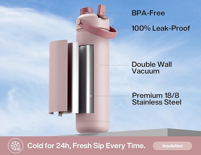 POWCAN 26 oz Insulated Water Bottle with 2-in-1 Straw and Spout Lid, Keep Cold 24H, Leak-Proof, Fits in Car Cup Holder, Stainless Steel Water Bottle for Sports, Travel, Gym, and School (Dried Rose) - Image 2