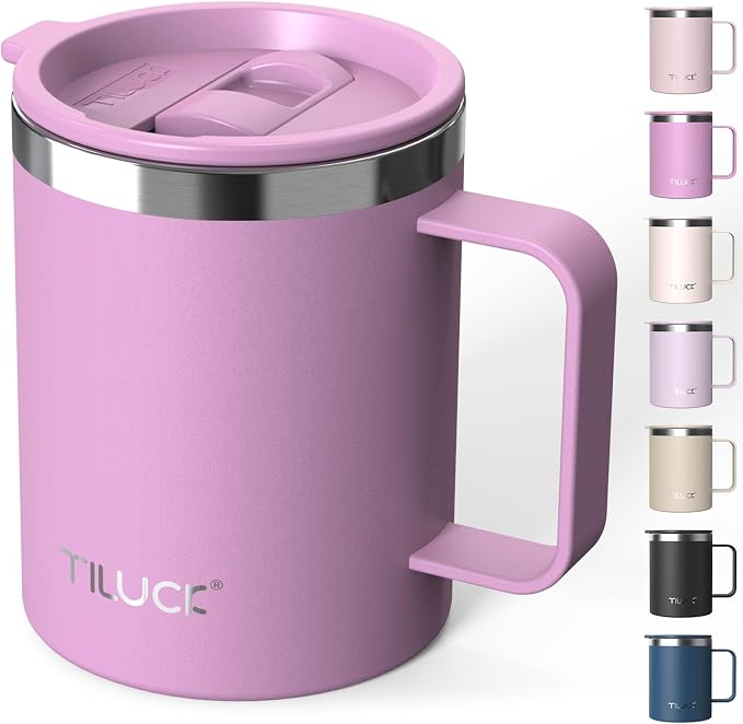 TILUCK 12 oz Insulated Coffee Mug with Lid, Double Wall Vacuum Insulated Travel Mug Cup with Handle for Hot or Cold Drinks（12oz，Matte Lilac） by TILUCKBringsGoodLuck