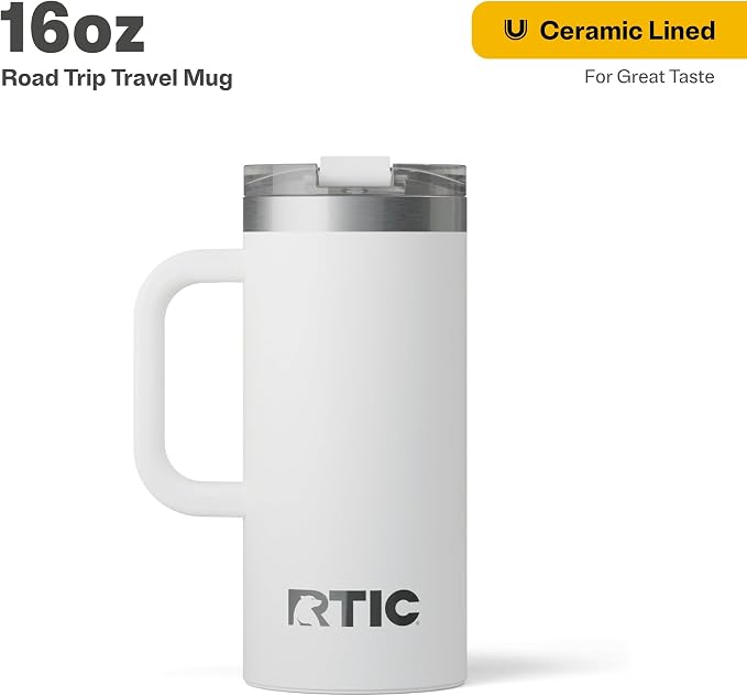 RTIC 16oz Road Trip Travel Mug with Lid and Handle, Ceramic Lined, Insulated, Stainless Steel, Metal, Double Wall Vacuum-Insulation, Portable Coffee, Tea Cup for Hot and Cold Drink, White - Image 2
