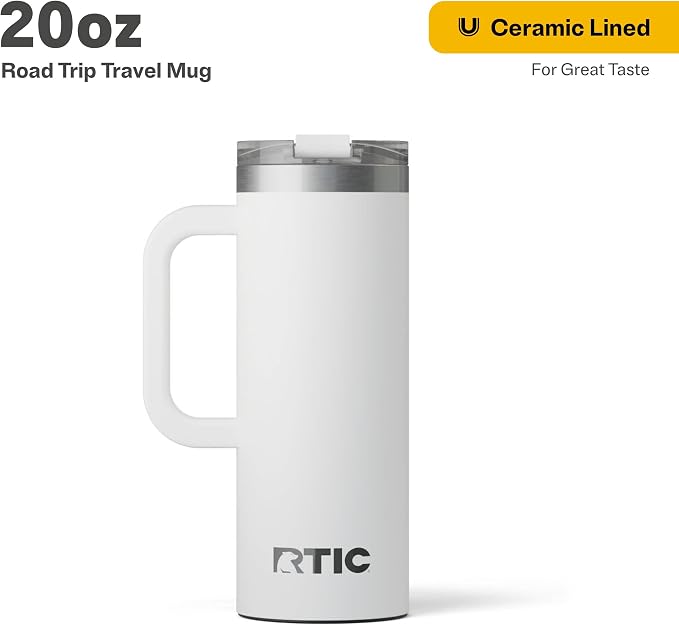 RTIC 20oz Road Trip Travel Mug with Lid and Handle, Ceramic Lined, Insulated, Stainless Steel, Metal, Double Wall Vacuum-Insulation, Portable Coffee, Tea Cup for Hot and Cold Drink, White - Image 2