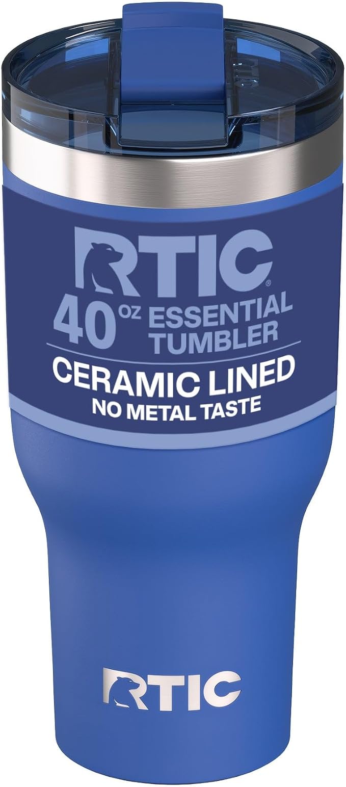 RTIC 40oz Essential Tumbler with Lid, Ceramic Lined, Insulated, Stainless Steel, Metal, Double Wall Vacuum-Insulation, Travel Cup for Iced Coffee, Tea, Hot and Cold Drink, Cobalt by RTIC