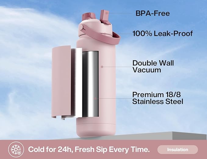 POWCAN 32 oz Insulated Water Bottle with 2-in-1 Straw and Spout Lid, Keep Cold 24H, Leak-Proof, BPA-Free, Double Wall Stainless Steel Water Bottle for Sports, Gym, Travel, and School (Dried Rose) - Image 2