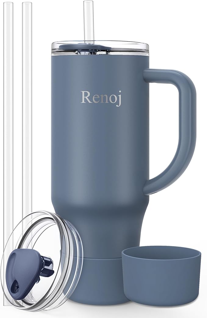 Renoj Insulated Mug 100% Spill Resistant Insulated Water Bottle for Iced Coffee & Hot Drinks - Fits Car Cup Holder, Ideal Gift, 2 Straws & Silicone Boot - FlexSlide Navy Blue 40 oz by VisittheRenoj