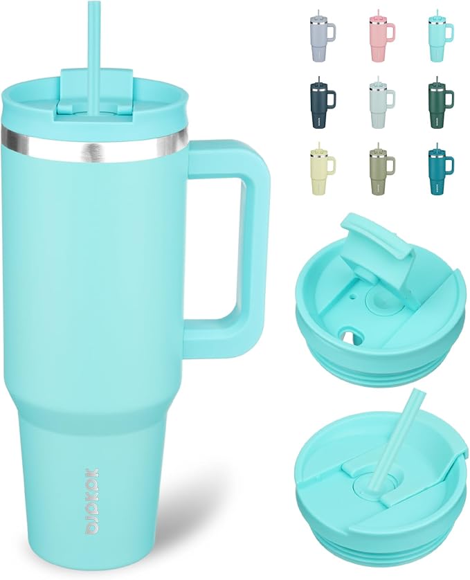 BJPKPK 40 oz Stainless Steel Tumbler With Handle Insulated Tumblers With 2 Straw Travel Coffee Mug With Lid,Turquoise by BJPKPK