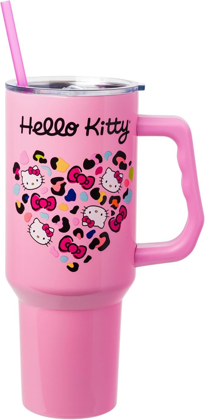 Silver Buffalo Sanrio Hello Kitty Leopard Jungle Cat Print and Bows Heart Stainless Steel Tumbler with Handle and Straw, Fits in Standard Cup Holder, 40 Ounces (Pack of 12) by SilverBuffalo