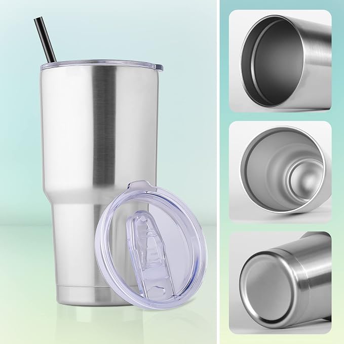 DOMICARE 30 oz Tumbler with Lid and Straw, Stainless Steel Tumblers Bulk, Insulated Vacuum Double Wall Travel Coffee Mug, Durable Powder Coated Tumbler Cups (Stainless Steel, 4) - Image 5