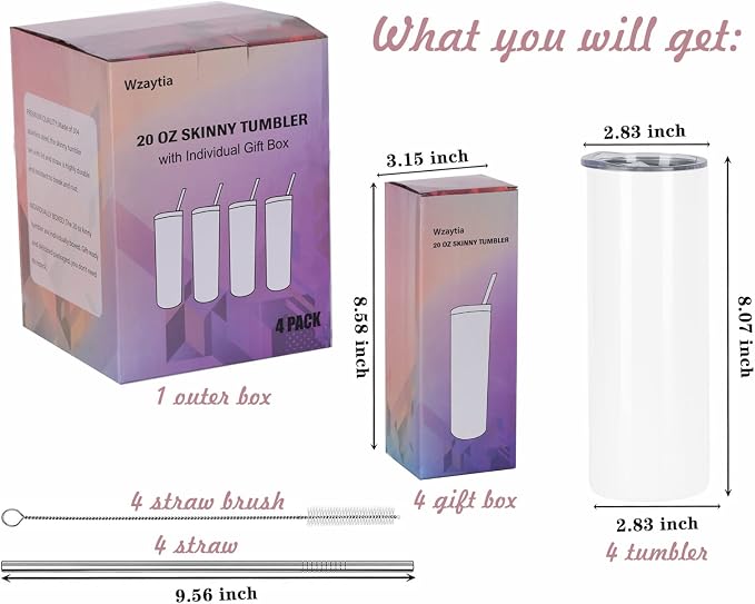 4 Pack 20 Oz Straight Skinny Tumblers,Individually Gift Boxed Stainless Steel Slim Skinny Tumbler Set Bulk, 20 Oz Insulated Slim Thin Travel Tumbler Cup for Diy, White - Image 2
