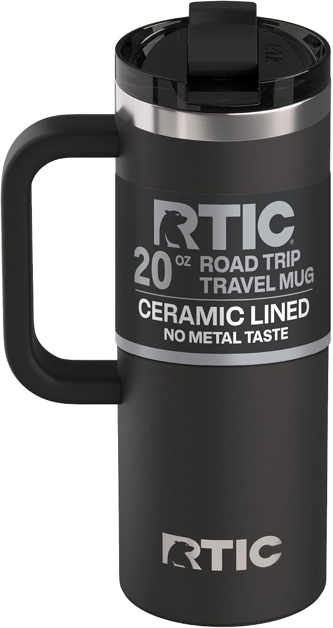 RTIC 20oz Road Trip Travel Mug with Lid and Handle, Ceramic Lined, Insulated, Stainless Steel, Metal, Double Wall Vacuum-Insulation, Portable Coffee, Tea Cup for Hot and Cold Drink, Black by RTIC