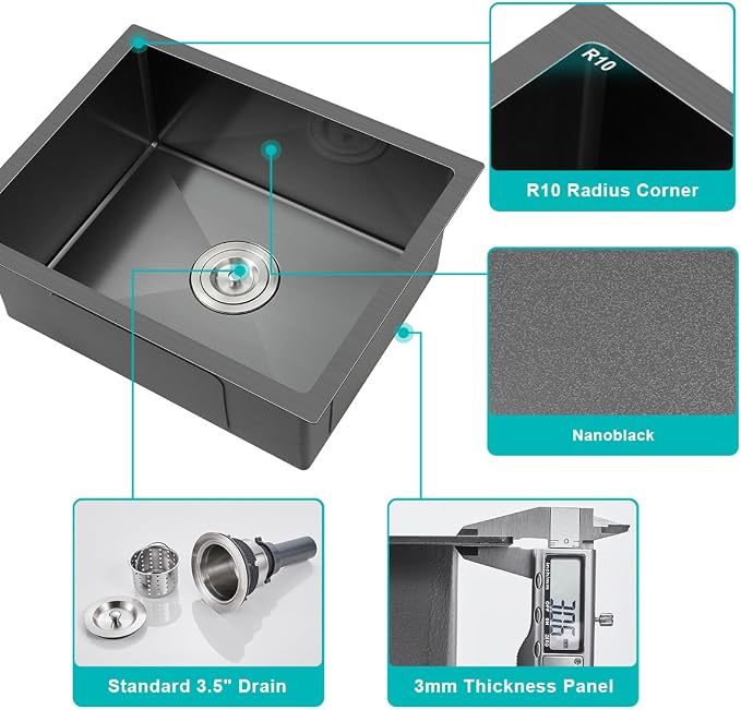 22 x 18 Inch Undermount Kitchen Sink, 18 Gauge Stainless Steel Handmade Single - Image 4