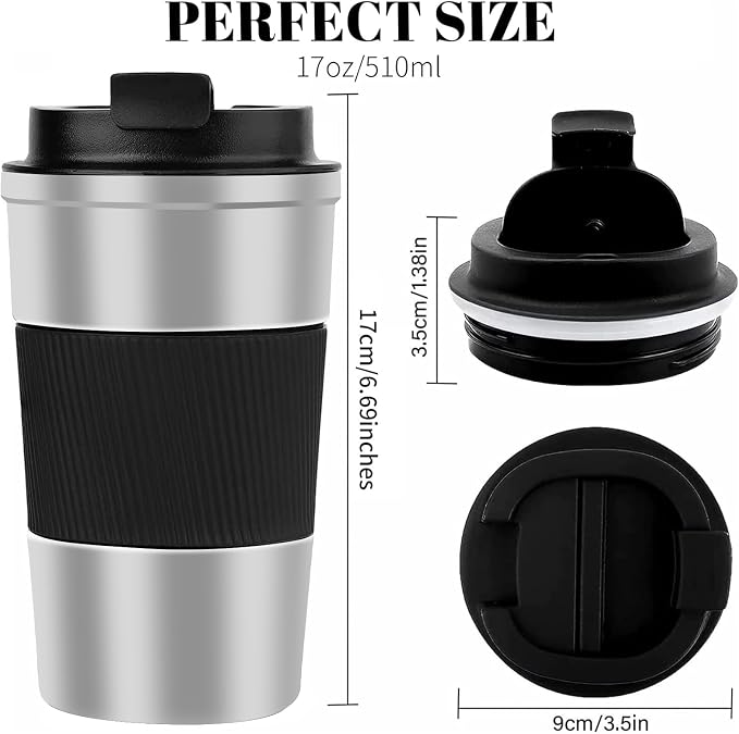 YINBAOGE Insulated Travel Coffee Mug, Spill & Leak Proof, Portable To Go Camping Stainless Steel Coffee Tumbler, Reusable Thermal Coffee Cup with Lid for Hot & Cold Drinks (Silver black, 17 OZ) - Image 3