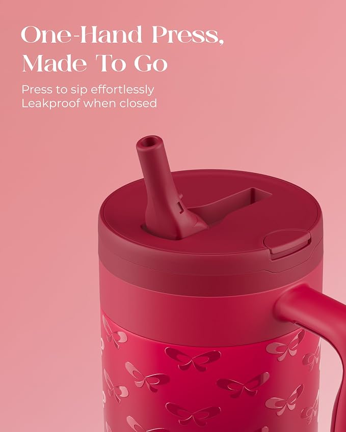 40 oz Insulated Tumbler with Handle and Push-Button Straw Lid, Stainless Steel Travel Cup for Gym Office, Leakproof, BPA-Free, Cup Holder Friendly, Bow Silicone Boot, Red (Coquette Cherry) - Image 3