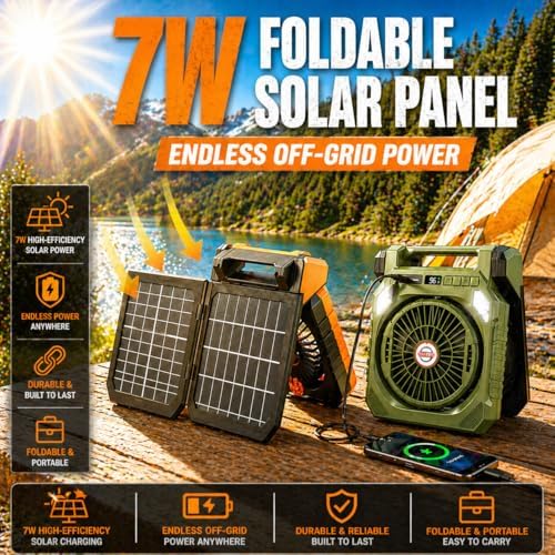 Rechargeable Solar Powered Fan, Camping Fan with 7W Solar Panel and LED Lantern, Quiet Function, Power Bank, Foldable Angle, with Timer, Max 42H Runtime, for Travel Outdoor Camping (Orange) - Image 2