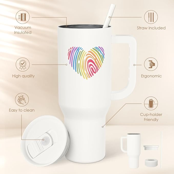 SANDJEST LGBT 40oz Tumbler with Handle and Straw, Insulated Stainless Steel Travel Coffee Mug for Gay Lesbian Adults Friends, Gift Idea for Birthday Christmas Pride Month (Heart Fingerprints) - Image 2