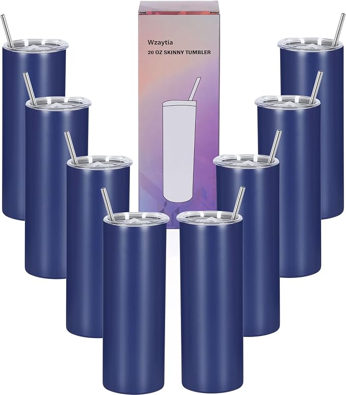 8 Pack 20 Oz Stainless Steel Straight Skinny Tumblers, Insulated Slim Thin Travel Cup Set for DIY, Navy by Wzaytia