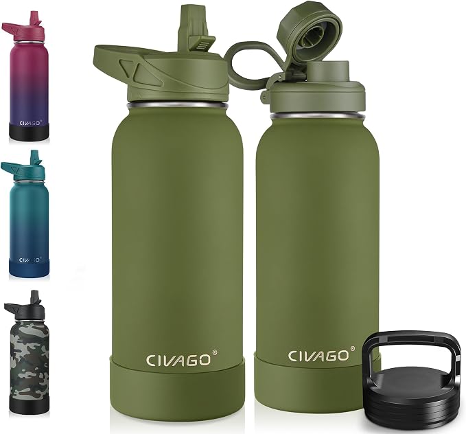 CIVAGO 32 oz Insulated Water Bottle With Straw, Stainless Steel Sports Water Cup Flask with 3 Lids (Straw, Spout and Handle Lid), Wide Mouth Travel Thermal Mug, Army Green by CIVAGO
