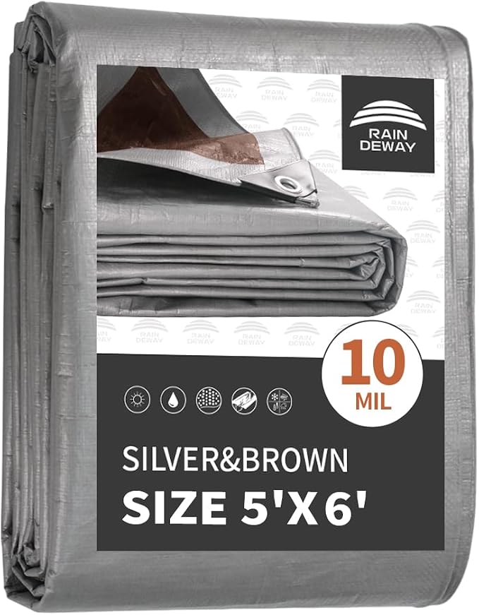 RAINDEWAY Small Tarps Heavy Duty Waterproof 5x6 Feet, 10Mil Multipurpose Poly by RAINDEWAY