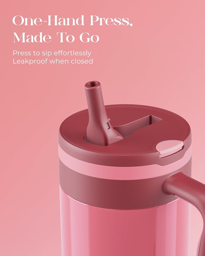40 oz Insulated Tumbler with Handle and Push-Button Straw Lid, Stainless Steel Travel Cup for Gym Office, Leakproof, BPA-Free, Cup Holder Friendly, Bow Silicone Boot, Pink (Dusty Rose) - Image 3