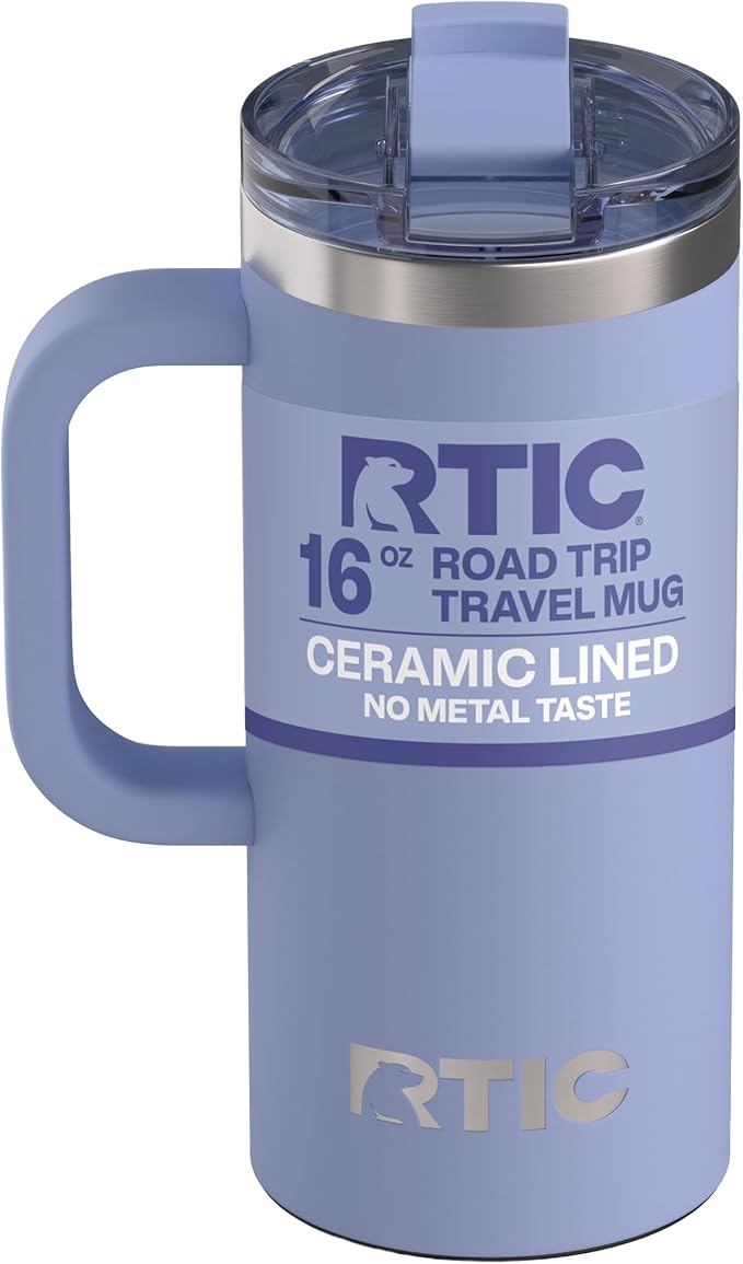 RTIC 16oz Road Trip Travel Mug with Lid and Handle, Ceramic Lined, Insulated, Stainless Steel, Metal, Double Wall Vacuum-Insulation, Portable Coffee, Tea Cup for Hot and Cold Drink, Periwinkle by RTIC
