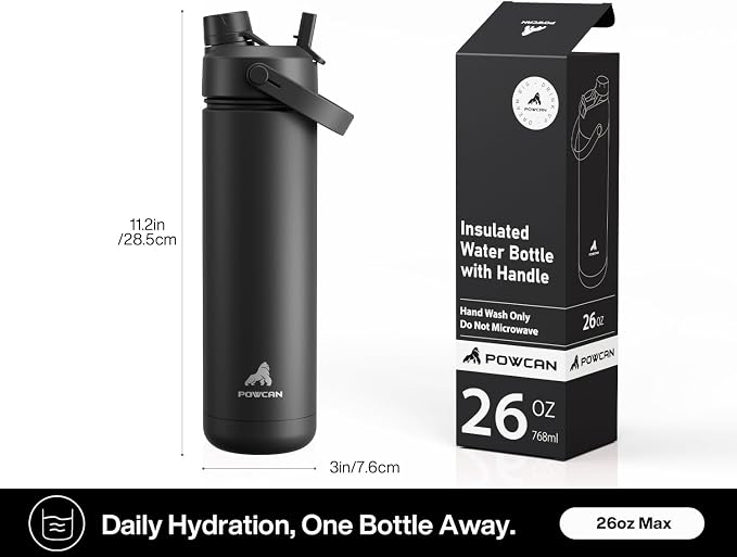 POWCAN 26 oz Insulated Water Bottle with 2-in-1 Straw and Spout Lid, Keep Cold 24H, Leak-Proof, Fits in Car Cup Holder, Stainless Steel Water Bottle for Sports, Travel, and School (Dark Knight) - Image 6