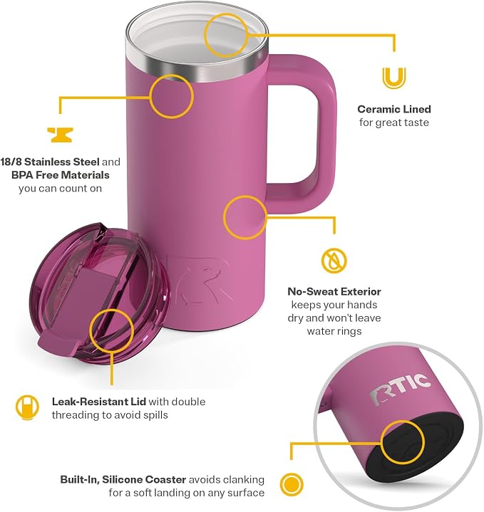 RTIC 16oz Road Trip Travel Mug with Lid and Handle, Ceramic Lined, Insulated, Stainless Steel, Metal, Double Wall Vacuum-Insulation, Portable Coffee, Tea Cup for Hot and Cold Drink, Orchid - Image 3