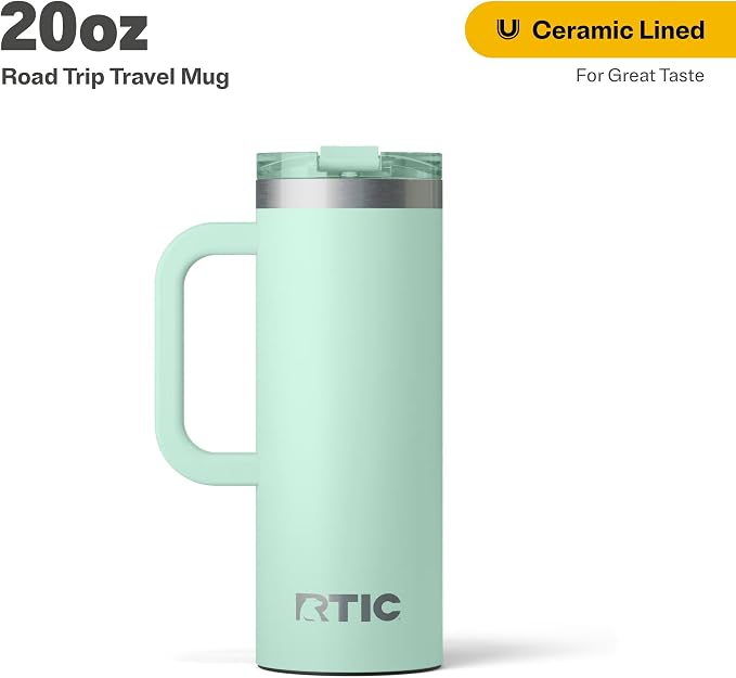 RTIC 20oz Road Trip Travel Mug with Lid and Handle, Ceramic Lined, Insulated, Stainless Steel, Metal, Double Wall Vacuum-Insulation, Portable Coffee, Tea Cup for Hot and Cold Drink, Fresh Mint - Image 2