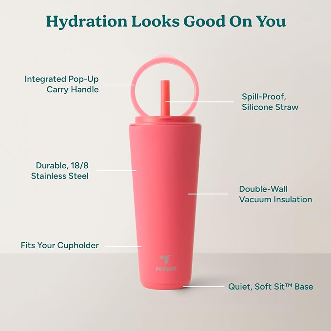 REDUCE Halo 32 oz Stainless Steel Vacuum Insulated Tumbler - Spill Proof Travel Mug with Flip Handle Lid - Keeps Drinks Cold for 32 Hrs - Dishwasher Safe - Cupholder Friendly - Daquiri - Image 3