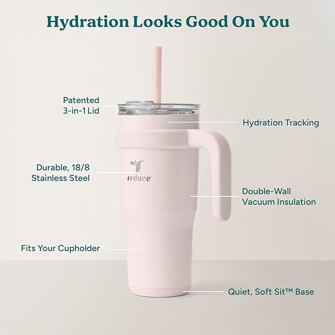 REDUCE 24 oz Stainless Steel Tumbler with Handle - Dual-Wall Vacuum Insulated Travel Mug, Sweat-Proof Lid & Reusable Straw - Keeps Drinks Cold for 24 Hrs, Fits Cupholders, Dishwasher Safe-Pink Cotton - Image 4