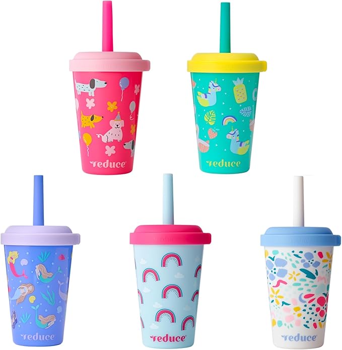 REDUCE GoGo's Kids Portable Tumbler Cups with Lids and Spill-Proof Straws - 5 Pack of Stackable 12 oz Tumblers with Twist-On Lids - Easy Storage, Dishwasher Safe - Serendipity Set by Reduce