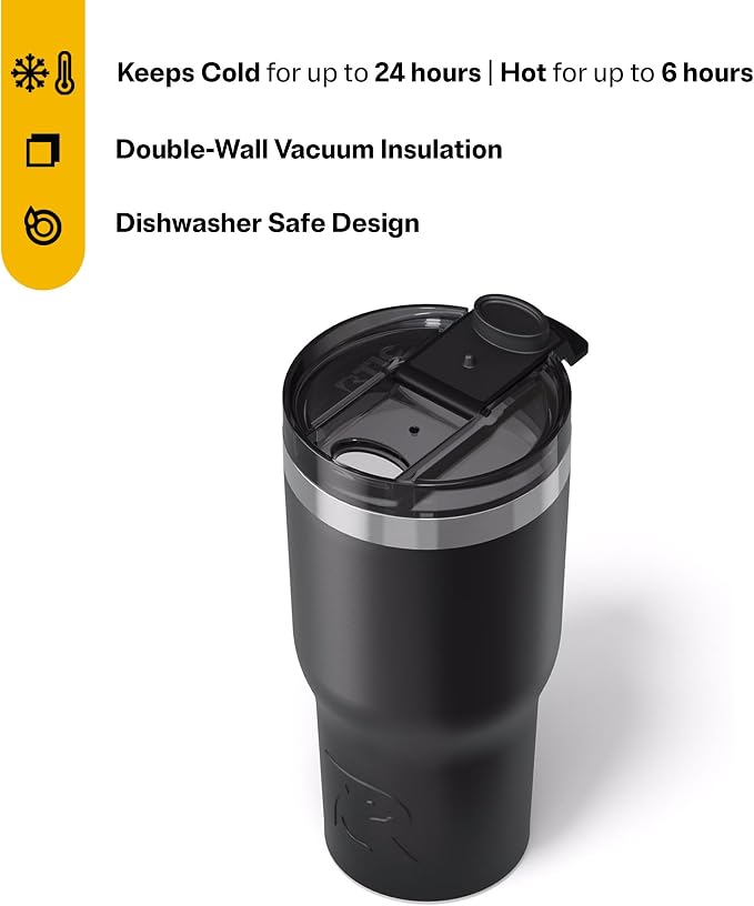 RTIC 20oz Essential Tumbler with Lid, Ceramic Lined, Insulated, Stainless Steel, Metal, Double Wall Vacuum-Insulation, Travel Cup for Iced Coffee, Tea, Hot and Cold Drink, Black - Image 3
