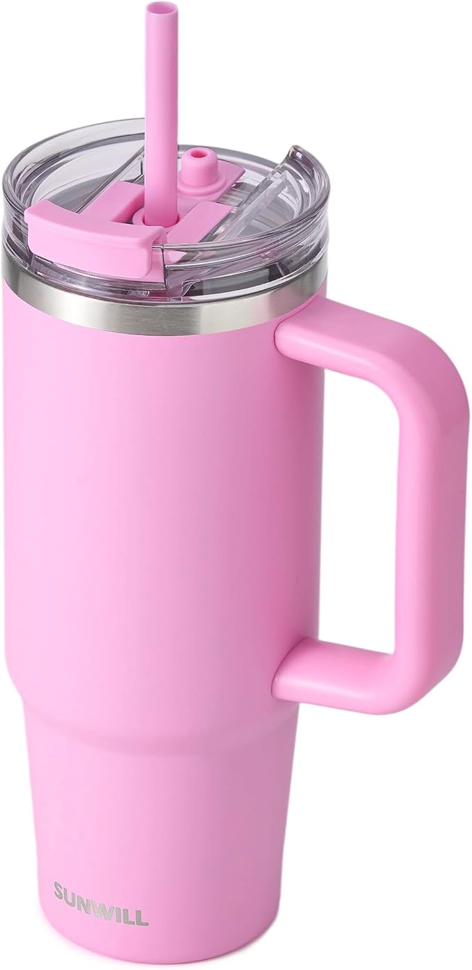 SUNWILL Coffee Tumbler with Handle, 30 oz Travel Mug with Lid and Straw Insulated, Stainless Steel Cup Leak Proof for Travel & Outdoor, Cupholder Friendly, Powder Coated Pink by SUNWILL