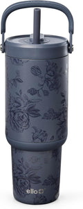 Ello Oasis Go+ 32oz Tumbler with Top Handle and Retracting Straw | Reusable Insulated Stainless Cup, 100% Leakproof Water Bottle, 24 Hours Cold, Cup Holder Friendly For Travel | Porcelain Rose Navy by Ello