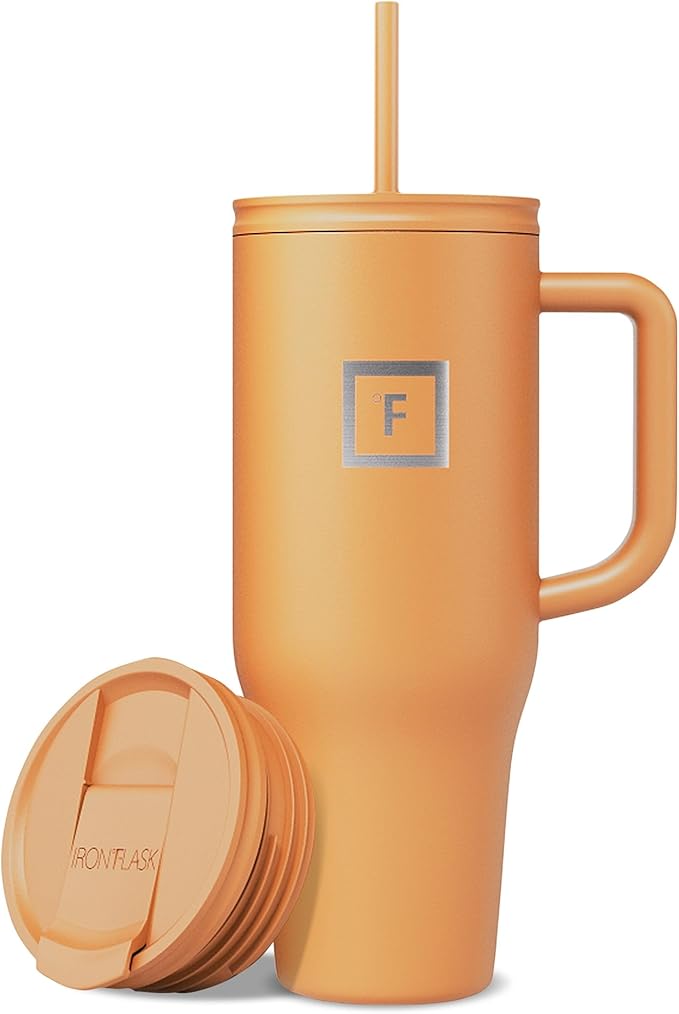 IRON °FLASK Co-Pilot Insulated Mug w/Straw & Flip Cap Lids - Cup Holder Bottle for Hot, Cold Drink - Leak-Proof- Water, Coffee Portable Travel Tumbler - Clementine, 40 Oz by IronFlask