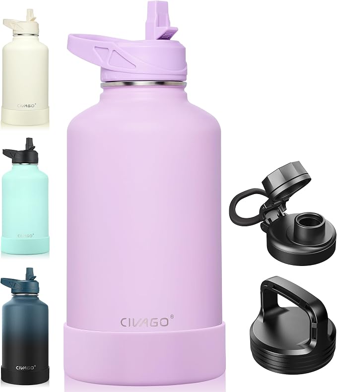CIVAGO 64 oz Insulated Water Bottle With Straw, Half Gallon Stainless Steel Sports Water Flask Jug with 3 Lids (Straw, Spout and Handle Lid), Large Metal Thermal Cup Mug, Lavender by CIVAGO