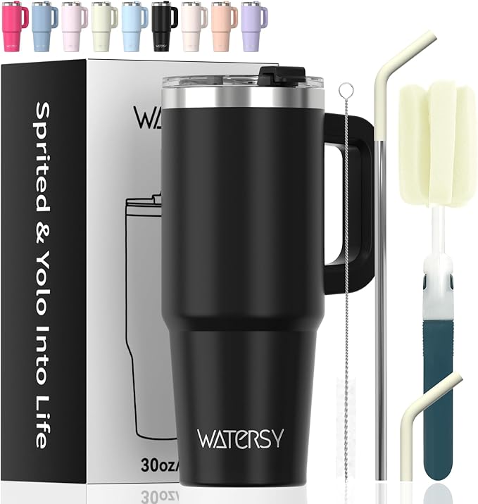 30 oz Tumbler with Handle,Tumbler with Lid and Straw,Double Wall Insulated Cup Stainless Steel Travel Mug(Cold for 34 Hours),Water Bottle for Iced Tea,Coffee,Cold Beverages(Black) by Watersy