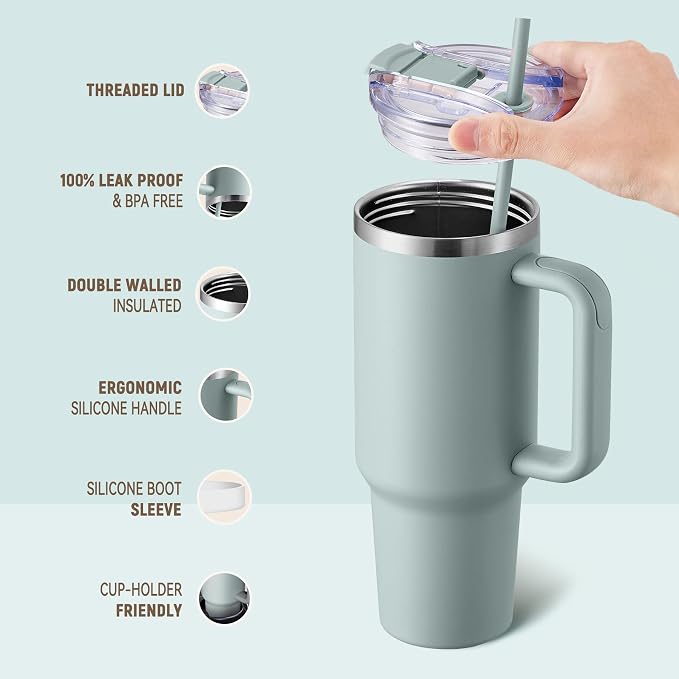 COKTIK 40 oz Tumbler With Handle and Straw, Insulated Tumbler With Leakproof Lids, Stainless Steel|BPA-Free, Cold for 24 H (Shale) - Image 3