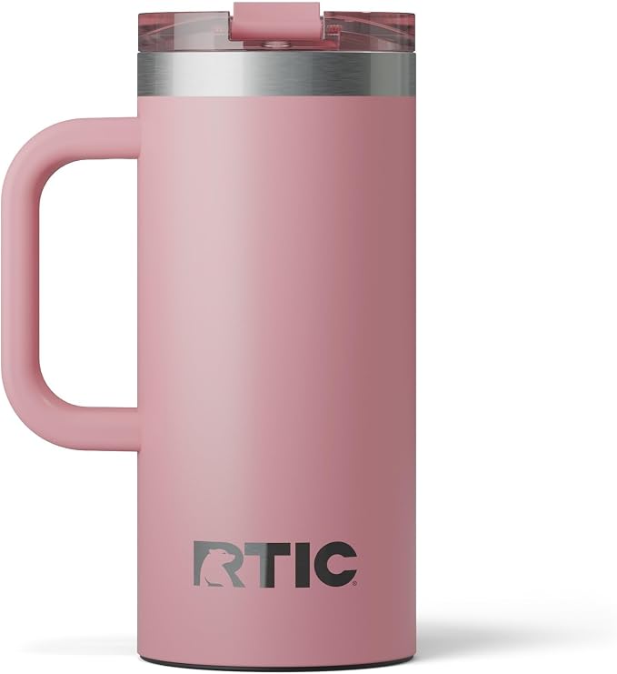 RTIC 16oz Road Trip Travel Mug with Lid and Handle, Ceramic Lined, Insulated, Stainless Steel, Metal, Double Wall Vacuum-Insulation, Portable Coffee, Tea Cup for Hot and Cold Drink, Dusty Rose by RTIC