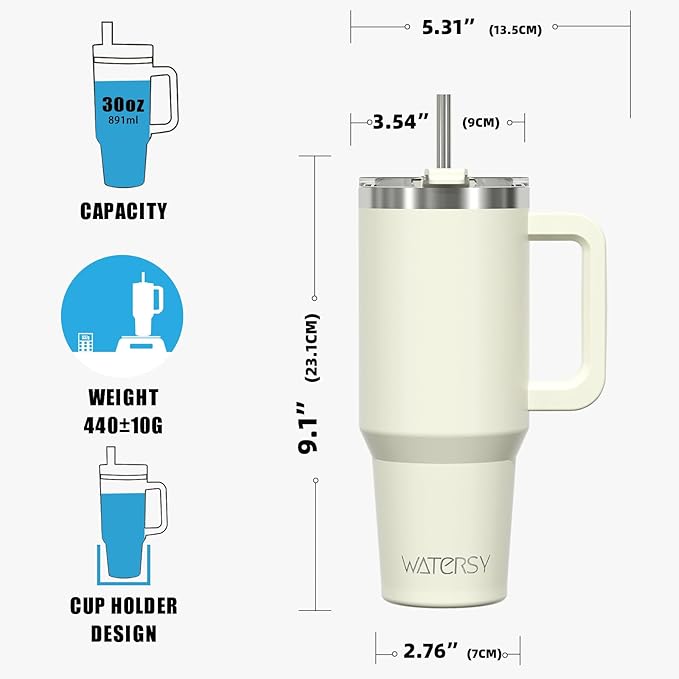 30 oz Tumbler with Handle,Tumbler with Lid and Straw,Double Wall Insulated Cup Stainless Steel Travel Mug(Cold for 34 Hours),Water Bottle for Iced Tea,Coffee,Cold Beverages(Cream White) - Image 8