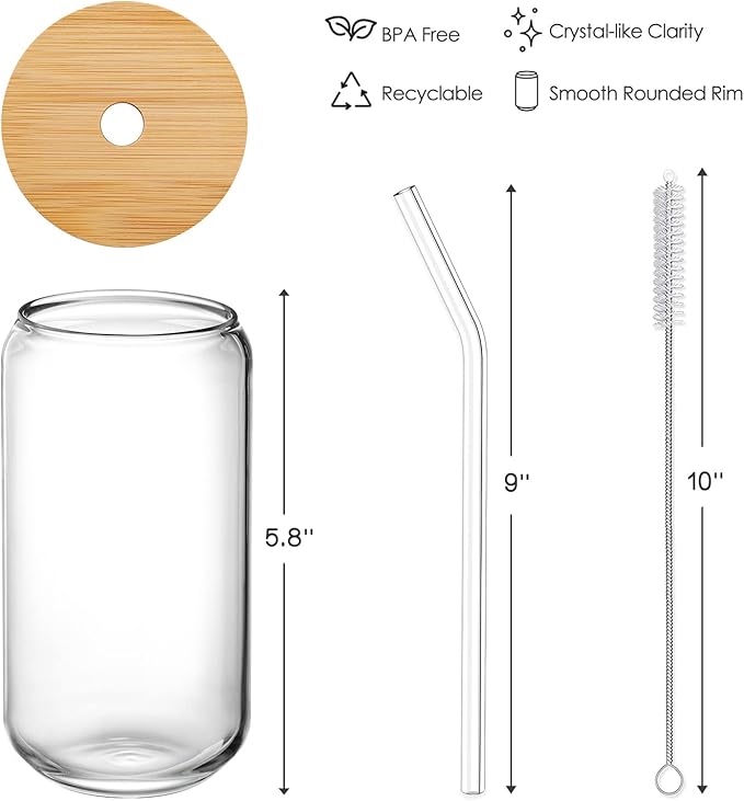 NETANY [ 8pcs Set ] Drinking Glasses with Bamboo Lids and Glass Straw - 16oz Glass Cups, Beer Glasses, Iced Coffee Glasses, Cute Tea Cup, Ideal for Cocktail, Whiskey, Gift - 2 Cleaning Brushes - Image 7