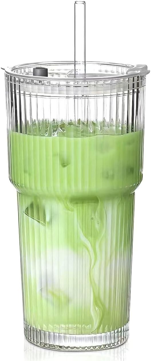 20 oz Glass Tumblers, Iced Coffee Cups with Lids and Glass Straws, Thickened Wall Ribbed Glass Cups, Ideal for Smoothies, Cocktails, and Juices – Vintage and Durable Drinkware – 1 Pack by MINGHYZYA