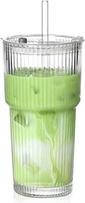 20 oz Glass Tumblers, Iced Coffee Cups with Lids and Glass Straws, Thickened Wall Ribbed Glass Cups, Ideal for Smoothies, Cocktails, and Juices – Vintage and Durable Drinkware – 1 Pack by MINGHYZYA