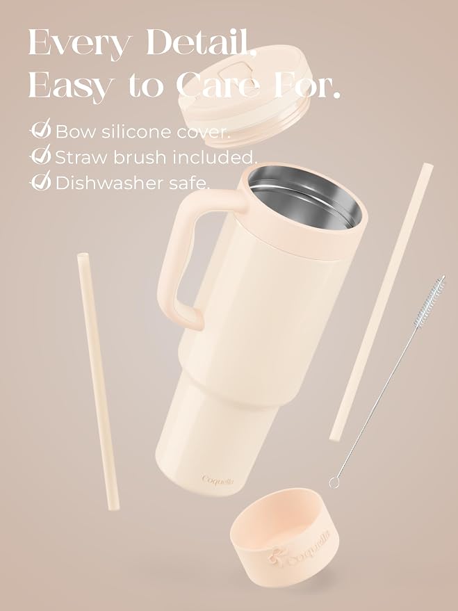 40 oz Insulated Tumbler with Handle and Push-Button Straw Lid, Stainless Steel Travel Cup for Gym Office, Leakproof, BPA-Free, Cup Holder Friendly, Bow Silicone Boot, Cream (Cloudy Cream) - Image 6