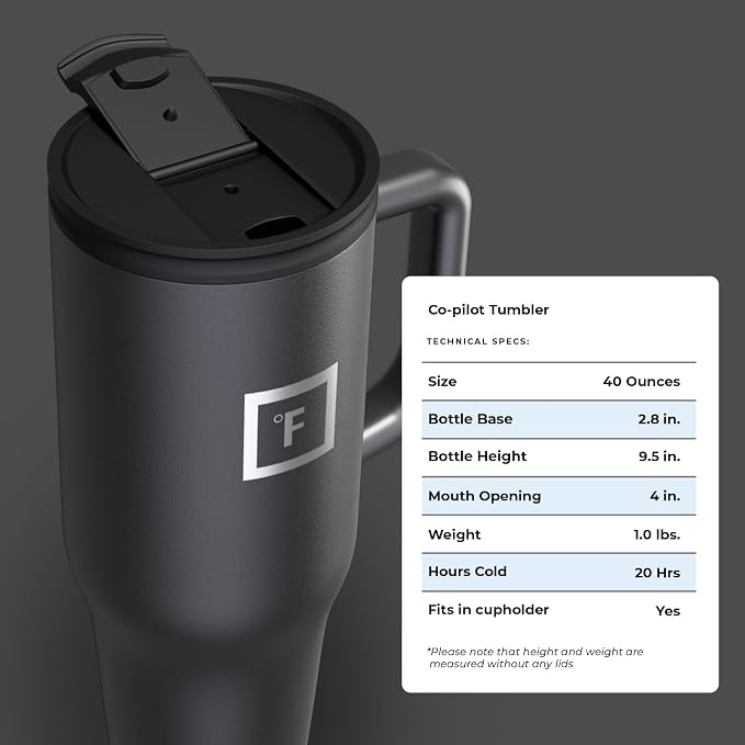 IRON °FLASK Co-Pilot Insulated Mug w/Straw & Flip Cap Lids - Cup Holder Bottle for Hot, Cold Drink - Leak-Proof - Water, Coffee Portable Travel Mug - Midnight Black, 40 Oz - Image 9