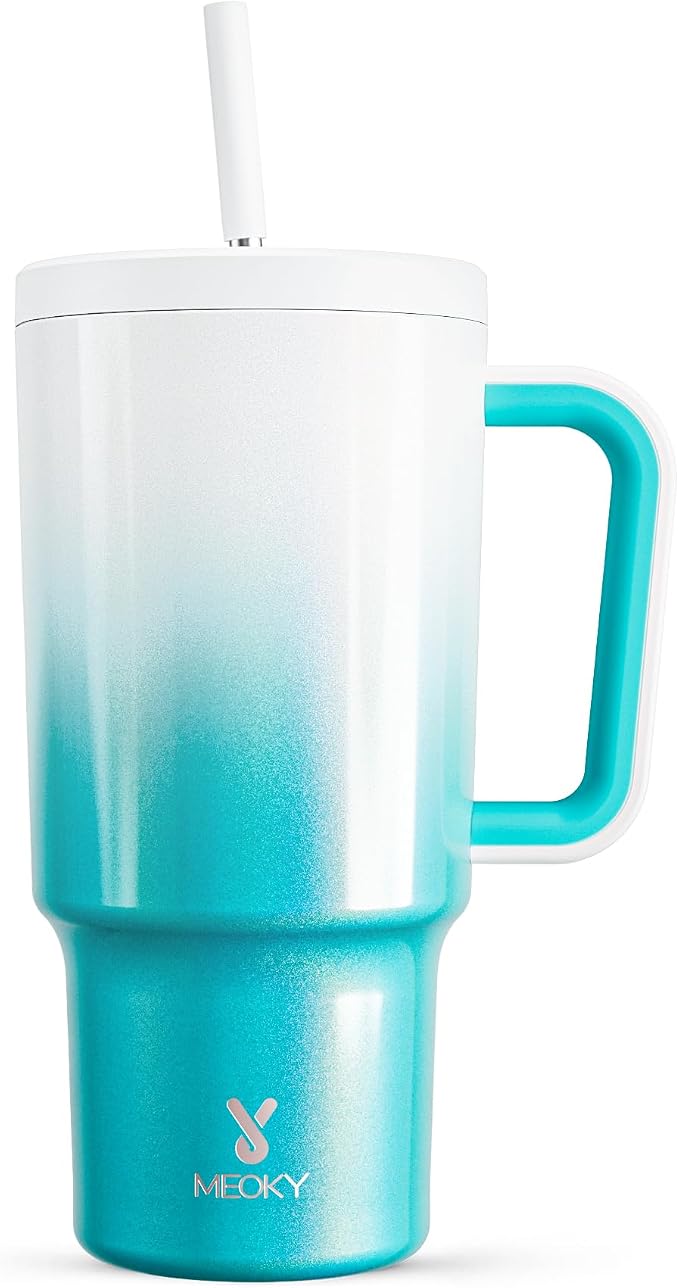 Meoky 30 oz Tumbler with Handle, Tumbler with Lid and Straw, Insulated Stainless Steel Travel Mug, 100% Leak-proof, Cupholder Friendly, Keeps Cold for 24 Hours or Hot for 8 Hours (Azure) by MEOKY