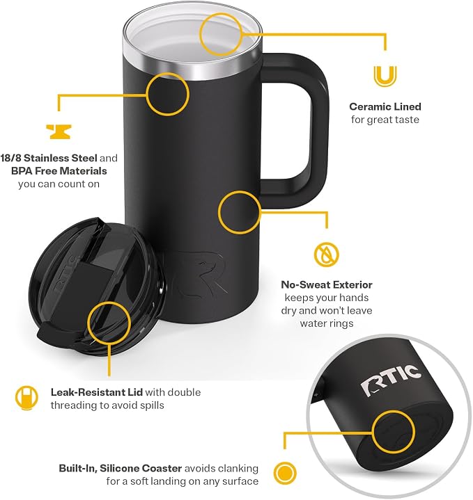 RTIC 16oz Road Trip Travel Mug with Lid and Handle, Ceramic Lined, Insulated, Stainless Steel, Metal, Double Wall Vacuum-Insulation, Portable Coffee, Tea Cup for Hot and Cold Drink, Black - Image 3