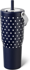 BrüMate Resa 35oz 100% Leakproof Tumbler w/Handle & Straw | Flexible SoftSip Straw | Silicone Sleeve for Durability | Stainless Steel | Cup Holder & Travel Friendly Water Bottle (Navy Polka Dots) by Br%C3%BCMate